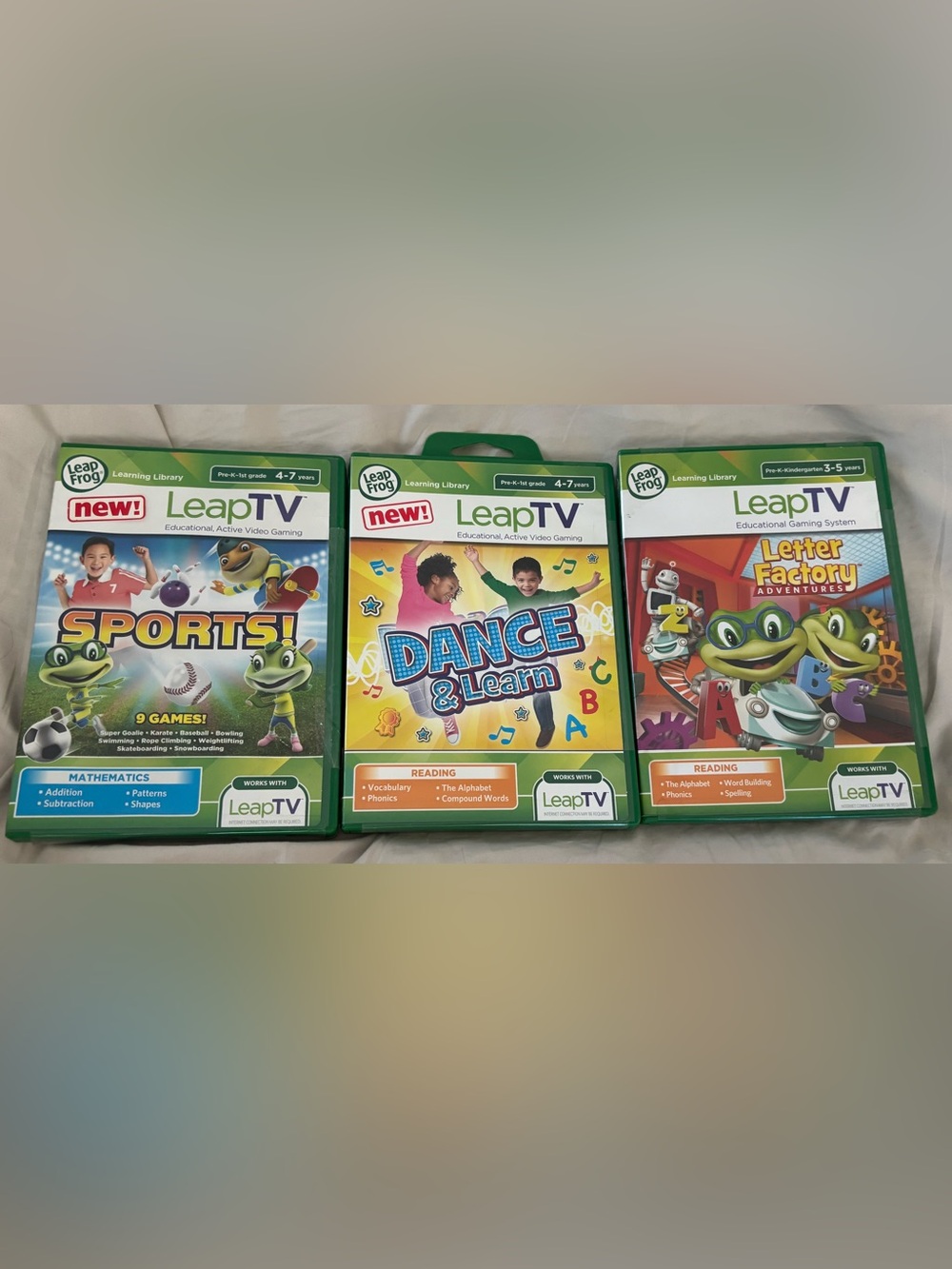 LeapFrog LeapTV Educational Game Lot Sports Dance & Learn Letter Factory NEW